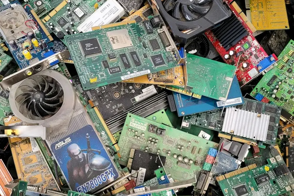 A dense pile of circuit boards, graphics cards and computer parts bound for e-waste recycling